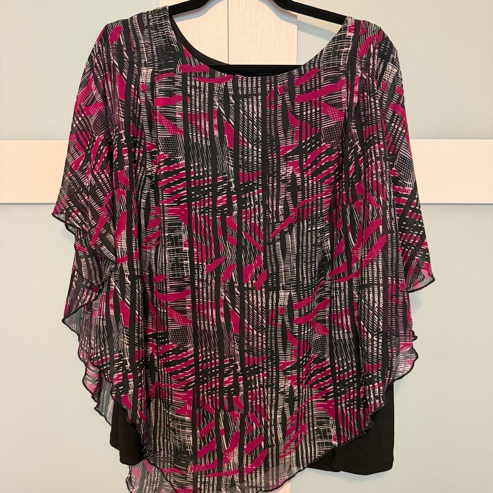 Avenue 18/20 Layered Chiffon Blouse Pink Black Geometric Plus Size Overlay Top